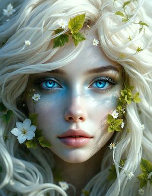 The primary subject of the image is a woman with blonde hair, blue eyes, and white skin. She is wearing makeup and has a flower in her hair. The setting is a garden, with greenery and flowers surrounding her. The visual style is a digital art or illustration, creating a vibrant and lush atmosphere. The colors and mood are predominantly green and natural, with a touch of whimsy and beauty.